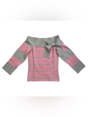 bebe Pink and Gray Striped Off-Shoulder Tie Sweater